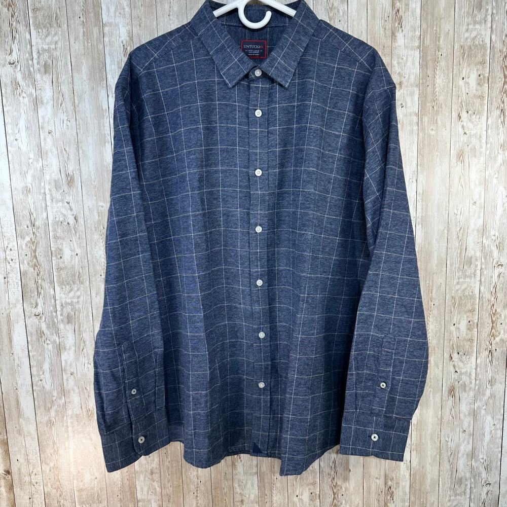 UNTUCKit Mens Button Up Shirt 3XL Gray Blue Windowpane Plaid 100% Cotton Flannel
